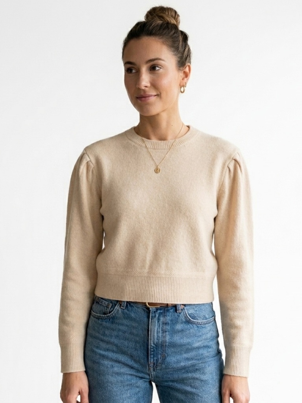 All Saints - Cream Puff Sleeve Cropped Merino Wool Sweater - XS